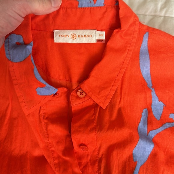 Tory Burch, size small, orange and blue floral button down - Picture 2 of 4